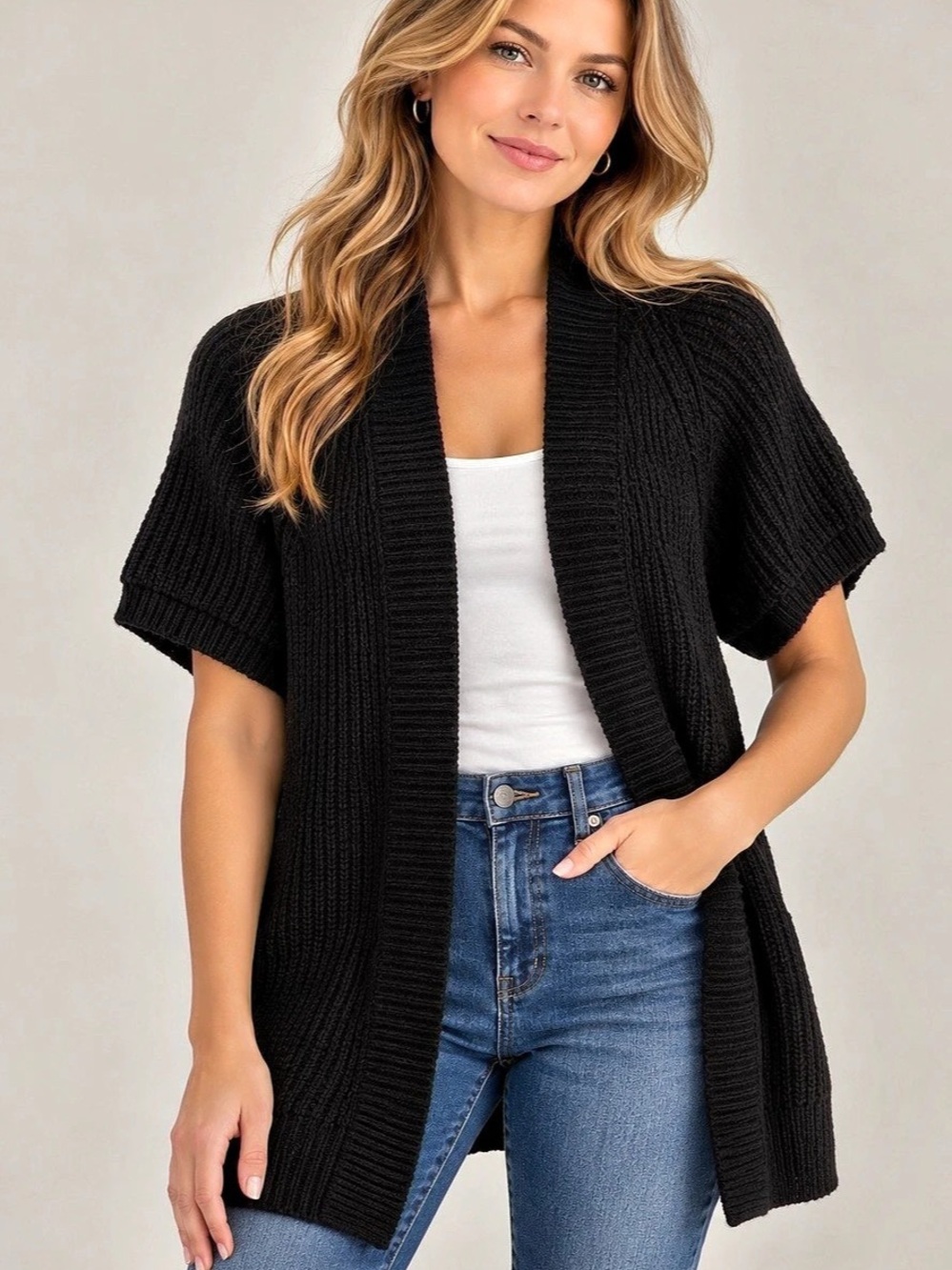 MARKET & SPRUCE Black Short Sleeve Cardigan Size Medium Like New